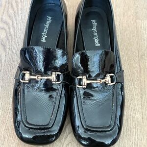Jeffrey Campbell Black Patent Loafers with Gold Horsebit Hardware
